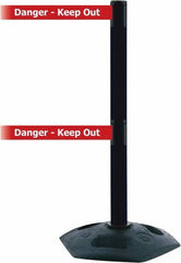 Tensator - 38" High, 2-1/2" Pole Diam, 4 Way Stanchion - 19" Base Diam, Octagon Recycled Rubber Base, Black Plastic Post, 13' x 2" Tape, Dual Line Tape, For Outdoor Use - Benchmark Tooling