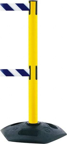 Tensator - 38" High, 2-1/2" Pole Diam, 4 Way Stanchion - 19" Base Diam, Octagon Recycled Rubber Base, Yellow Plastic Post, 13' x 2" Tape, Dual Line Tape, For Outdoor Use - Benchmark Tooling