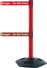 Tensator - 38" High, 2-1/2" Pole Diam, 4 Way Stanchion - 19" Base Diam, Octagon Recycled Rubber Base, Red Plastic Post, 13' x 2" Tape, Dual Line Tape, For Outdoor Use - Benchmark Tooling