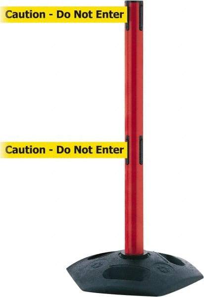 Tensator - 38" High, 2-1/2" Pole Diam, 4 Way Stanchion - 19" Base Diam, Octagon Recycled Rubber Base, Red Plastic Post, 13' x 2" Tape, Dual Line Tape, For Outdoor Use - Benchmark Tooling