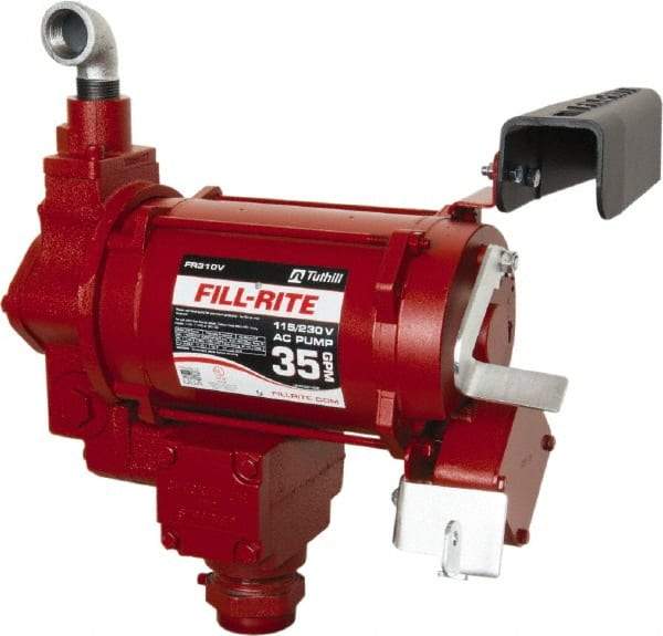 Tuthill - 35 GPM, 1" Hose Diam, Gasoline, Kerosene & Diesel Fuel AC High Flow Tank Pump with Auto Nozzle - Cast Iron Pump, 1-1/4" Inlet, 1" Outlet, 115/230 Volts, 3/4 hp - Benchmark Tooling