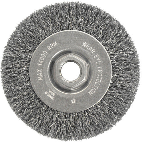 Vortec Pro 4″ Crimped Wire Wheel, .014″ Steel Fill, Narrow Face, 5/8″-11 UNC Nut - Benchmark Tooling