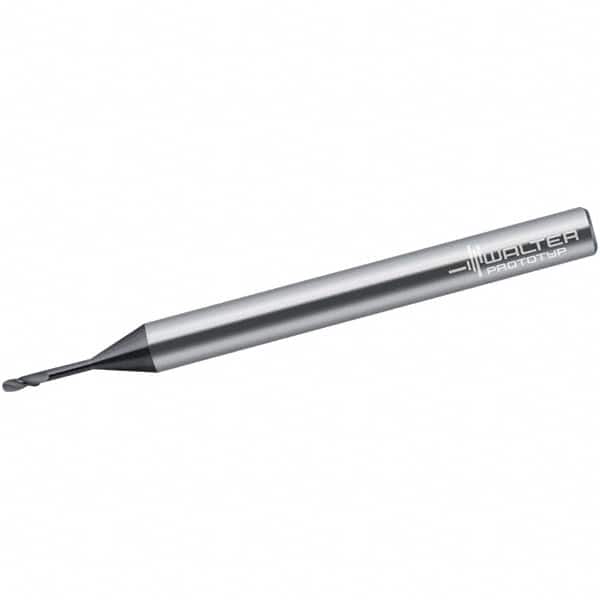 Walter-Prototyp - 2mm Diam, 2mm LOC, 2 Flute Solid Carbide Ball End Mill - Uncoated, Single End, 60mm OAL, 3mm Shank Diam, Spiral Flute - Benchmark Tooling