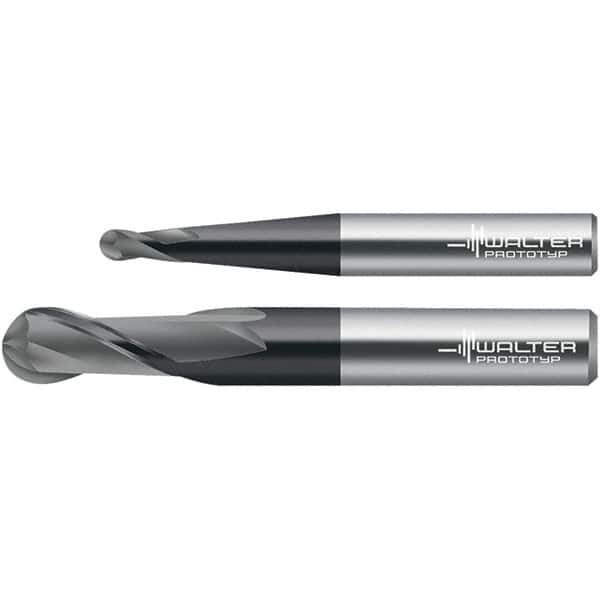 Walter-Prototyp - 3/8" Diam, 7/8" LOC, 2 Flute Solid Carbide Ball End Mill - TiAlN Finish, Single End, 3" OAL, 3/8" Shank Diam, Spiral Flute - Benchmark Tooling
