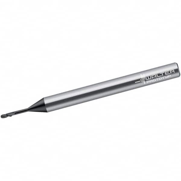 Walter-Prototyp - 1mm Diam, 1mm LOC, 2 Flute Solid Carbide Ball End Mill - Diamond Finish, Single End, 60mm OAL, 3mm Shank Diam, Spiral Flute - Benchmark Tooling
