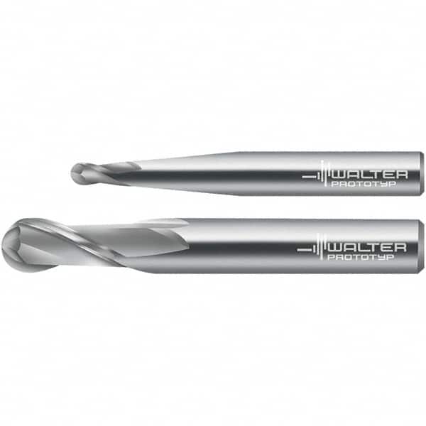 Walter-Prototyp - 5mm Diam, 10mm LOC, 2 Flute Solid Carbide Ball End Mill - Uncoated, Single End, 80mm OAL, 6mm Shank Diam, Spiral Flute - Benchmark Tooling
