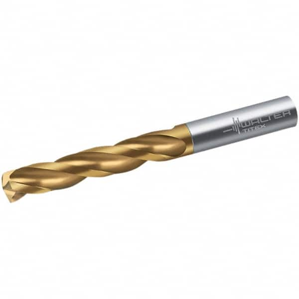 Walter-Titex - 4.5mm 150° Spiral Flute Solid Carbide Screw Machine Drill Bit - TiN Finish, Right Hand Cut, 32mm Flute Length, 58mm OAL, Maximiza Point, Straight Shank - Benchmark Tooling