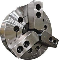 TMX - 3 Jaws, 10" Chuck Diam, Plain Back Mount, 3.0315" Through Hole, Drawtube, Hydraulic Power Lathe Chuck - 1.2205" to 10" Jaw Capacity, 4,200 RPM - Benchmark Tooling