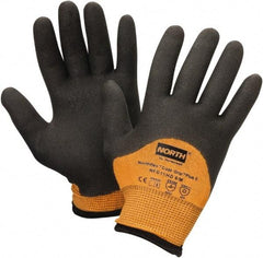 North - Size L (9), ANSI Cut Lvl 4, Nitrile Coated Dyneema Cut & Puncture Resistant Gloves - 12" Long, Palm, Fingers & Knuckles Coated, Dyneema Lining, Continuous Knit Cuff, Hi-Vis Orange/Black, Paired - Benchmark Tooling