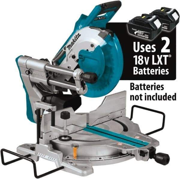 Makita - 36 Amp, 18 Volt, 4,400 RPM, 60° Double Bevel Sliding Miter Saw - 5/8" Arbor, 10" Blade Diam, Includes Vertical Vise, Dust Bag, Triangular Rule, Hex Wrench & 10" x 5/8" 40T Micro-Polished Miter Saw Blade - Benchmark Tooling