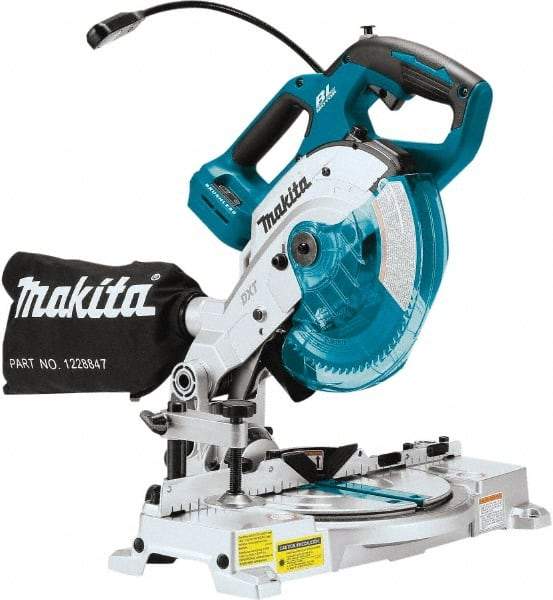 Makita - 36 Amp, 18 Volt, 5,000 RPM, 52° Double Bevel Miter Saw - 5/8" Arbor, 6-1/2" Blade Diam, Includes Triangular Rule, Vertical Vise, Dust Bag, (1) 6-1/2" x 5/8" 64T Micro-Polished Miter Saw Blade & Hex Wrench - Benchmark Tooling