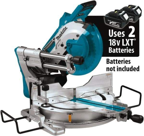 Makita - 36 Amp, 18 Volt, 4,400 RPM, 60° Double Bevel Sliding Miter Saw - 5/8" Arbor, 10" Blade Diam, Includes Vertical Vise, Triangular Rule, Dust Bag, Hex Wrench, 10" x 5/8" 40T Micro-Polished Miter Saw Blade & Wireless Unit - Benchmark Tooling