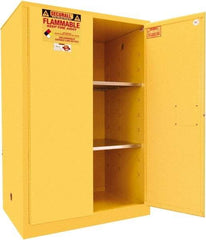 Securall Cabinets - 2 Door, 2 Shelf, Yellow Steel Standard Safety Cabinet for Flammable and Combustible Liquids - 65" High x 43" Wide x 31" Deep, Manual Closing Door, 3 Point Key Lock, 90 Gal Capacity - Benchmark Tooling