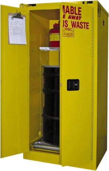 Securall Cabinets - 31" Wide x 31" Deep x 67" High, 18 Gauge Steel Vertical Drum Cabinet with 3 Point Key Lock - Yellow, Self-Closing Door, 1 Shelf, 1 Drum, Drum Rollers Included - Benchmark Tooling