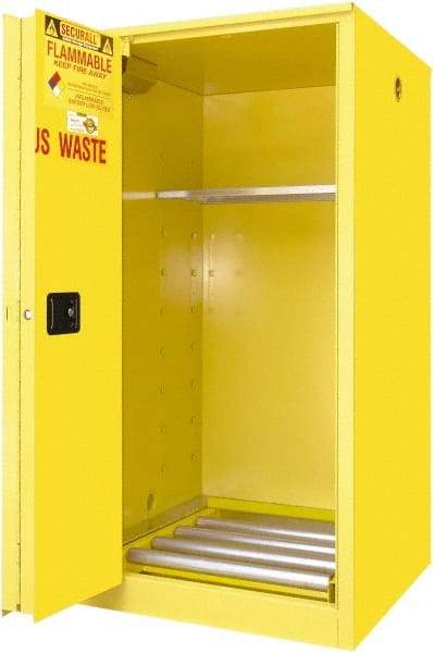 Securall Cabinets - 34" Wide x 34" Deep x 65" High, 18 Gauge Steel Vertical Drum Cabinet with 3 Point Key Lock - Yellow, Self-Closing Door, 1 Shelf, 1 Drum, Drum Rollers Included - Benchmark Tooling