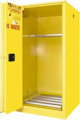 Securall Cabinets - 34" Wide x 34" Deep x 65" High, 18 Gauge Steel Vertical Drum Cabinet with 3 Point Key Lock - Yellow, Self-Closing Door, 1 Shelf, 1 Drum, Drum Rollers Included - Benchmark Tooling