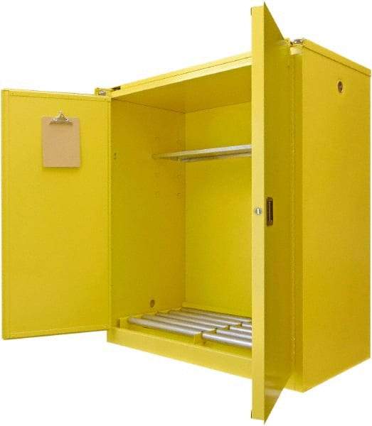 Securall Cabinets - 56" Wide x 31" Deep x 67" High, 18 Gauge Steel Vertical Drum Cabinet with 3 Point Key Lock - Yellow, Self-Closing Door, 1 Shelf, 2 Drums, Drum Rollers Included - Benchmark Tooling