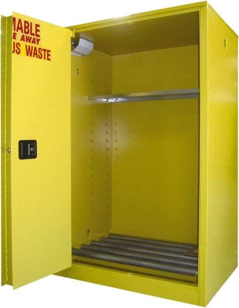 Securall Cabinets - 43" Wide x 31" Deep x 65" High, 18 Gauge Steel Vertical Drum Cabinet with 3 Point Key Lock - Yellow, Self-Closing Door, 1 Shelf, 2 Drums, Drum Rollers Included - Benchmark Tooling