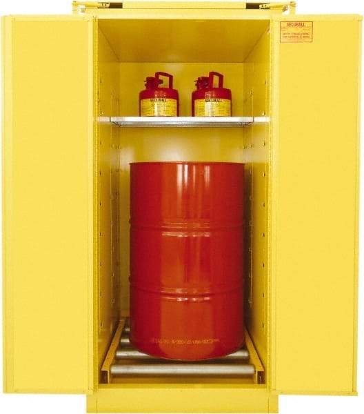 Securall Cabinets - 31" Wide x 31" Deep x 67" High, 18 Gauge Steel Vertical Drum Cabinet with 3 Point Key Lock - Yellow, Self-Closing Door, 1 Shelf, 1 Drum, Drum Rollers Included - Benchmark Tooling