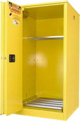 Securall Cabinets - 34" Wide x 34" Deep x 65" High, 18 Gauge Steel Vertical Drum Cabinet with 3 Point Key Lock - Yellow, Sliding Door Door, 1 Shelf, 1 Drum, Drum Rollers Included - Benchmark Tooling