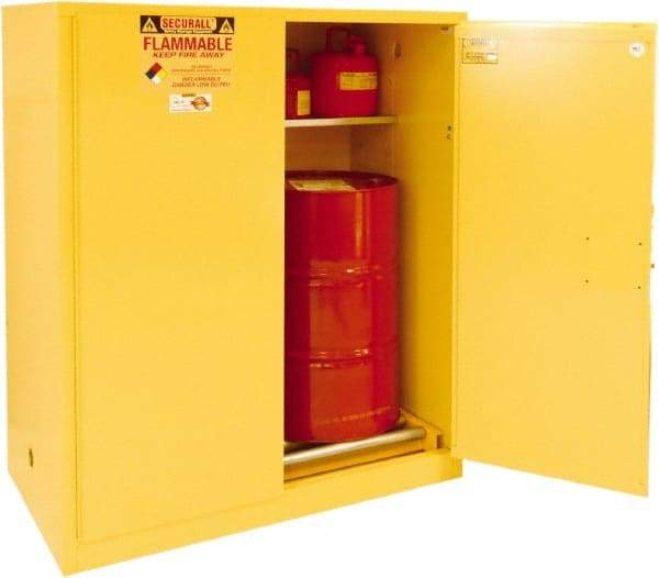 Securall Cabinets - 56" Wide x 31" Deep x 65" High, 18 Gauge Steel Vertical Drum Cabinet with 3 Point Key Lock - Yellow, Manual Closing Door, 3 Shelves, 1 Drum, Drum Rollers Included - Benchmark Tooling