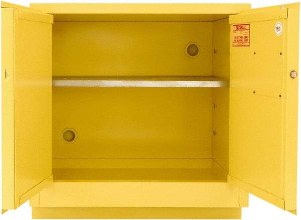 Securall Cabinets - 2 Door, 1 Shelf, Yellow Steel Under the Counter Safety Cabinet for Flammable and Combustible Liquids - 35-9/16" High x 35" Wide x 22" Deep, Manual Closing Door, 3 Point Key Lock, 24 Gal Capacity - Benchmark Tooling