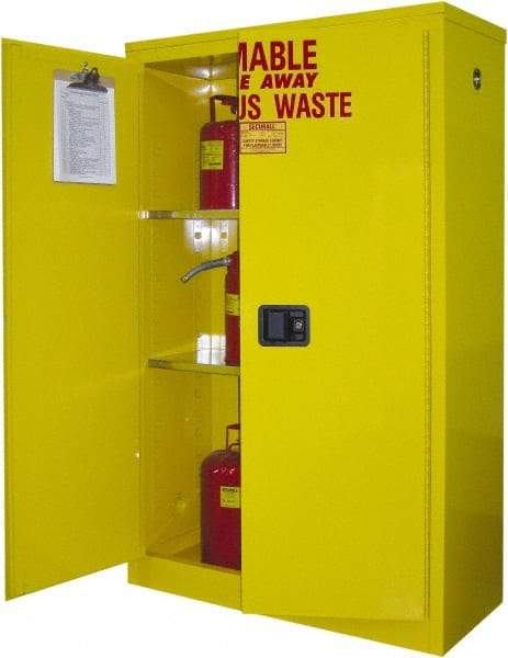 Securall Cabinets - 2 Door, 2 Shelf, Yellow Steel Standard Safety Cabinet for Flammable and Combustible Liquids - 65" High x 43" Wide x 18" Deep, Manual Closing Door, 3 Point Key Lock, 45 Gal Capacity - Benchmark Tooling