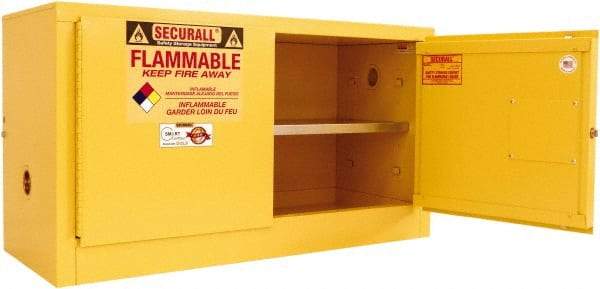 Securall Cabinets - 2 Door, 1 Shelf, Yellow Steel Stackable Safety Cabinet for Flammable and Combustible Liquids - 26" High x 43" Wide x 18" Deep, Self Closing Door, 3 Point Key Lock, 18 Gal Capacity - Benchmark Tooling