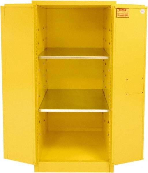 Securall Cabinets - 2 Door, 2 Shelf, Yellow Steel Standard Safety Cabinet for Flammable and Combustible Liquids - 65" High x 31" Wide x 31" Deep, Manual Closing Door, 3 Point Key Lock, 60 Gal Capacity - Benchmark Tooling