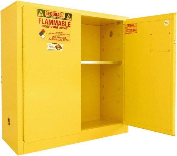 Securall Cabinets - 2 Door, 1 Shelf, Yellow Steel Standard Safety Cabinet for Flammable and Combustible Liquids - 44" High x 43" Wide x 18" Deep, Manual Closing Door, 3 Point Key Lock, 30 Gal Capacity - Benchmark Tooling