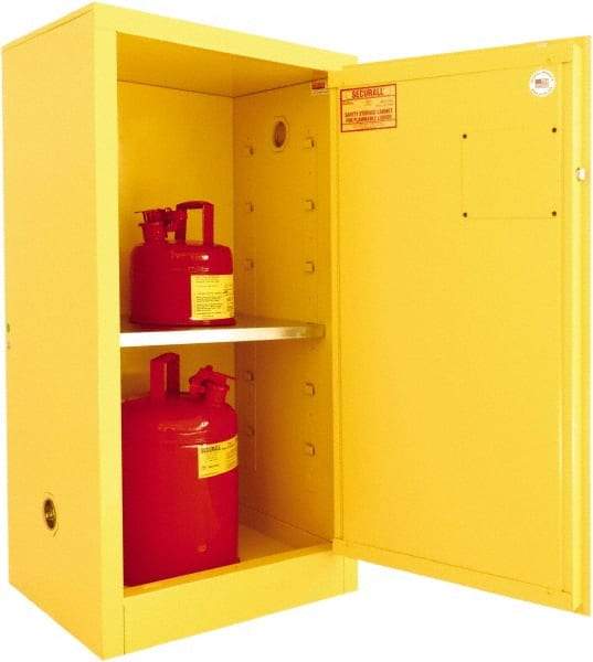 Securall Cabinets - 1 Door, 1 Shelf, Yellow Steel Standard Safety Cabinet for Flammable and Combustible Liquids - 44" High x 23-3/16" Wide x 18" Deep, Manual Closing Door, 3 Point Key Lock, 16 Gal Capacity - Benchmark Tooling