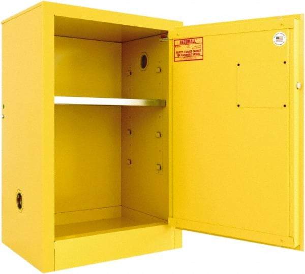 Securall Cabinets - 1 Door, 1 Shelf, Yellow Steel Standard Safety Cabinet for Flammable and Combustible Liquids - 35" High x 24" Wide x 18" Deep, Manual Closing Door, 3 Point Key Lock, 12 Gal Capacity - Benchmark Tooling