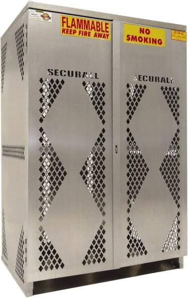 Securall Cabinets - 2 Door, 2 Shelf, Silver Aluminum Standard Safety Cabinet for Flammable and Combustible Liquids - 65" High x 43" Wide x 32" Deep, Manual Closing Door, Padlockable Hasp, 20 or 33 Lb Cylinder Capacity - Benchmark Tooling