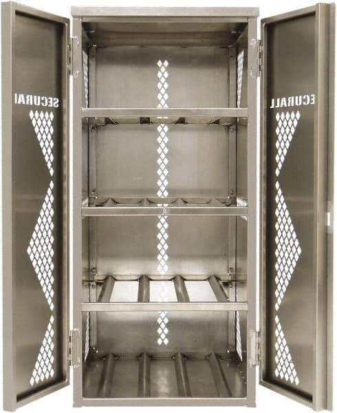 Securall Cabinets - 2 Door, 4 Shelf, Silver Aluminum Standard Safety Cabinet for Flammable and Combustible Liquids - 65" High x 30" Wide x 32" Deep, Manual Closing Door, Padlockable Hasp, 20 or 33 Lb Cylinder Capacity - Benchmark Tooling