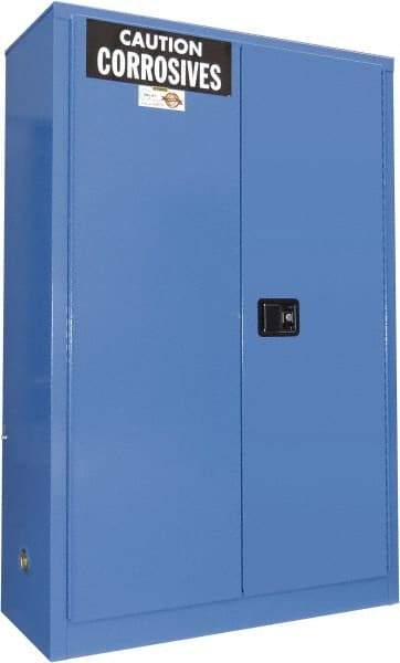 Securall Cabinets - 2 Door, 2 Shelf, Blue Steel Standard Safety Cabinet for Corrosive Chemicals - 65" High x 43" Wide x 18" Deep, Manual Closing Door, 3 Point Key Lock, 45 Gal Capacity - Benchmark Tooling