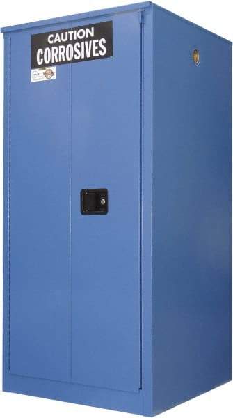 Securall Cabinets - 2 Door, 2 Shelf, Blue Steel Standard Safety Cabinet for Corrosive Chemicals - 65" High x 31" Wide x 31" Deep, Manual Closing Door, 3 Point Key Lock, 60 Gal Capacity - Benchmark Tooling