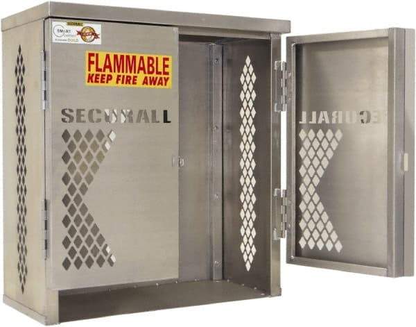 Securall Cabinets - 1 Door, 1 Shelf, Yellow Steel Standard Safety Cabinet for Flammable and Combustible Liquids - 33" High x 31" Wide x 16" Deep, Manual Closing Door, Padlockable Hasp, 20 or 33 Lb Cylinder Capacity - Benchmark Tooling