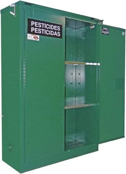 Securall Cabinets - 2 Door, 2 Shelf, Green Steel Standard Safety Cabinet for Flammable and Combustible Liquids - 67" High x 43" Wide x 18" Deep, Self Closing Door, 3 Point Key Lock, 45 Gal Capacity - Benchmark Tooling