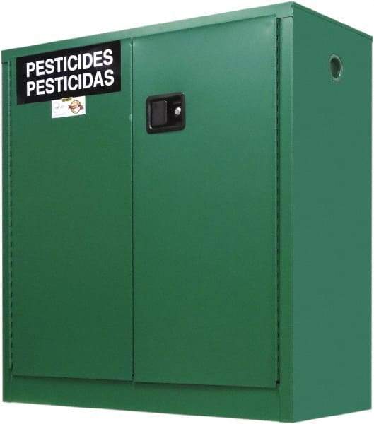 Securall Cabinets - 2 Door, 1 Shelf, Green Steel Standard Safety Cabinet for Flammable and Combustible Liquids - 44" High x 43" Wide x 18" Deep, Manual Closing Door, 3 Point Key Lock, 30 Gal Capacity - Benchmark Tooling