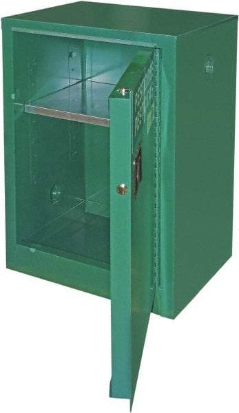 Securall Cabinets - 1 Door, 1 Shelf, Green Steel Standard Safety Cabinet for Flammable and Combustible Liquids - 35" High x 24" Wide x 18" Deep, Manual Closing Door, 3 Point Key Lock, 12 Gal Capacity - Benchmark Tooling