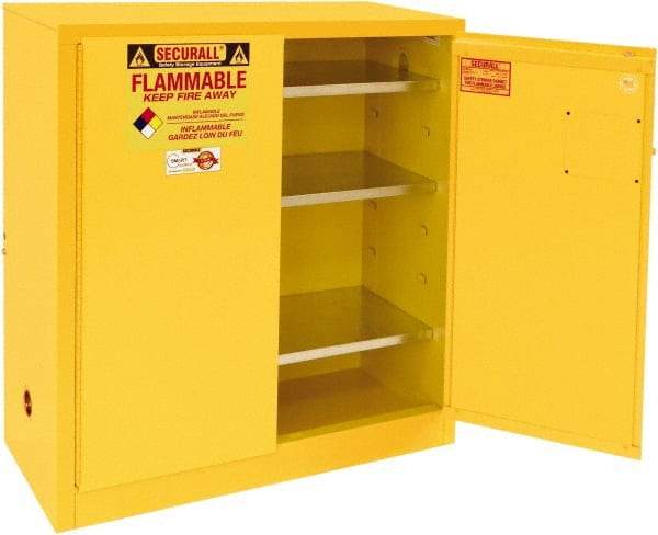 Securall Cabinets - 2 Door, 3 Shelf, Yellow Steel Standard Safety Cabinet for Flammable and Combustible Liquids - 44" High x 43" Wide x 18" Deep, Manual Closing Door, 3 Point Key Lock, 40 Gal Capacity - Benchmark Tooling