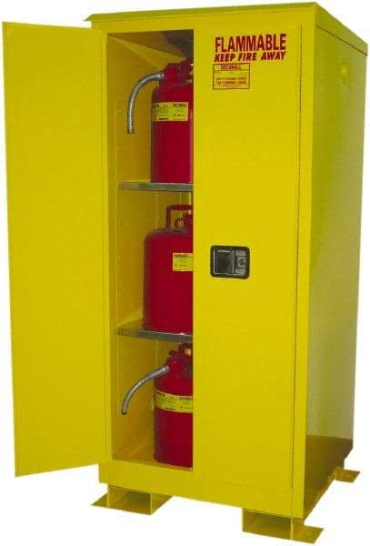 Securall Cabinets - 2 Door, 2 Shelf, Yellow Steel Standard Safety Cabinet for Flammable and Combustible Liquids - 69" High x 31" Wide x 31" Deep, Manual Closing Door, 3 Point Key Lock, 60 Gal Capacity - Benchmark Tooling