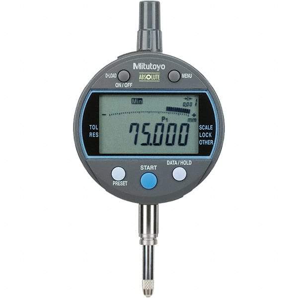 Mitutoyo - 0 to 1/2" Range, 0.00005, 0.0001 & 0.0005" Graduation, Electronic Drop Inidicator - Flat Back, 0.0001" Accuracy, LCD Display, Inch & Metric - Benchmark Tooling