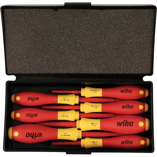 Wiha - 7 Piece Slotted, Phillips & Square Screwdriver Set - Bit Sizes: Philips #0 & #1, Comes in Box - Benchmark Tooling