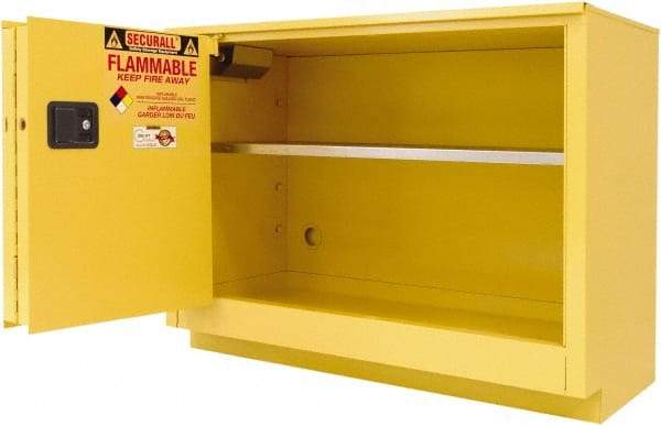 Securall Cabinets - 2 Door, 1 Shelf, Yellow Steel Under the Counter Safety Cabinet for Flammable and Combustible Liquids - 35-5/8" High x 59" Wide x 22" Deep, Sliding Door, 3 Point Key Lock, 44 Gal Capacity - Benchmark Tooling