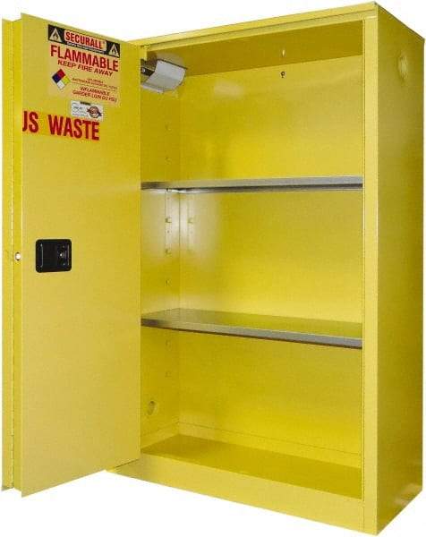 Securall Cabinets - 2 Door, 2 Shelf, Yellow Steel Standard Safety Cabinet for Flammable and Combustible Liquids - 65" High x 43" Wide x 18" Deep, Sliding Door, 3 Point Key Lock, 45 Gal Capacity - Benchmark Tooling