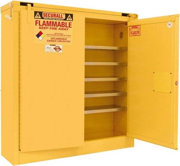 Securall Cabinets - 2 Door, 5 Shelf, Yellow Steel Wall Mount Safety Cabinet for Flammable and Combustible Liquids - 46" High x 43" Wide x 12" Deep, Self Closing Door, 3 Point Key Lock, 24 Gal Capacity - Benchmark Tooling