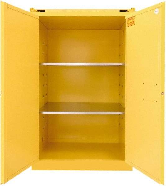 Securall Cabinets - 2 Door, 2 Shelf, Yellow Steel Standard Safety Cabinet for Flammable and Combustible Liquids - 67" High x 43" Wide x 31" Deep, Self Closing Door, 3 Point Key Lock, 90 Gal Capacity - Benchmark Tooling