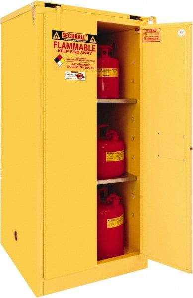 Securall Cabinets - 2 Door, 2 Shelf, Yellow Steel Standard Safety Cabinet for Flammable and Combustible Liquids - 67" High x 31" Wide x 31" Deep, Self Closing Door, 3 Point Key Lock, 60 Gal Capacity - Benchmark Tooling