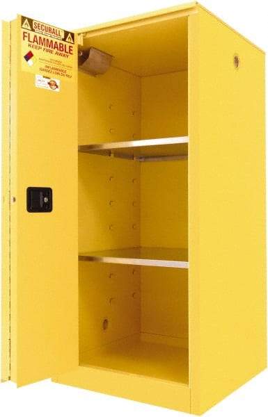 Securall Cabinets - 2 Door, 2 Shelf, Yellow Steel Standard Safety Cabinet for Flammable and Combustible Liquids - 65" High x 31" Wide x 31" Deep, Sliding Door, 3 Point Key Lock, 60 Gal Capacity - Benchmark Tooling